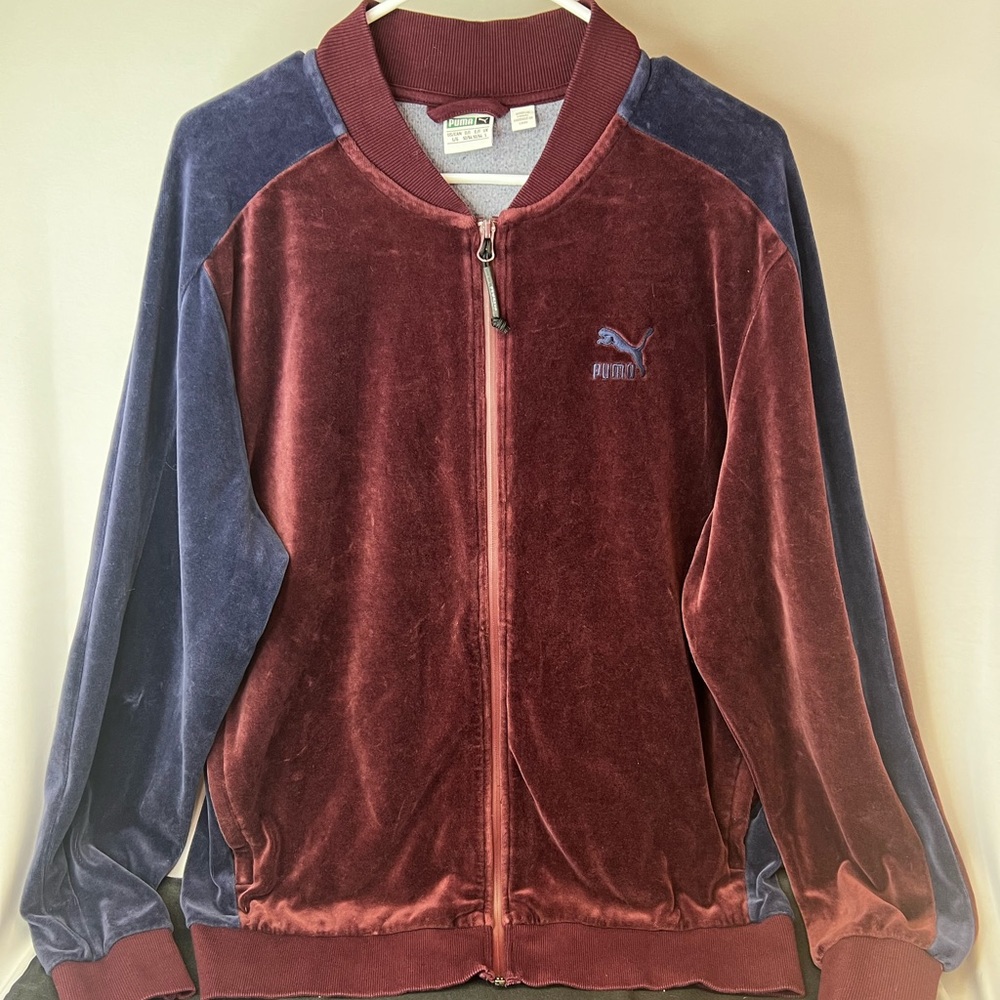 Puma men’s sizeL velour zipup jacket mafia style in sopranos burgundy and blue